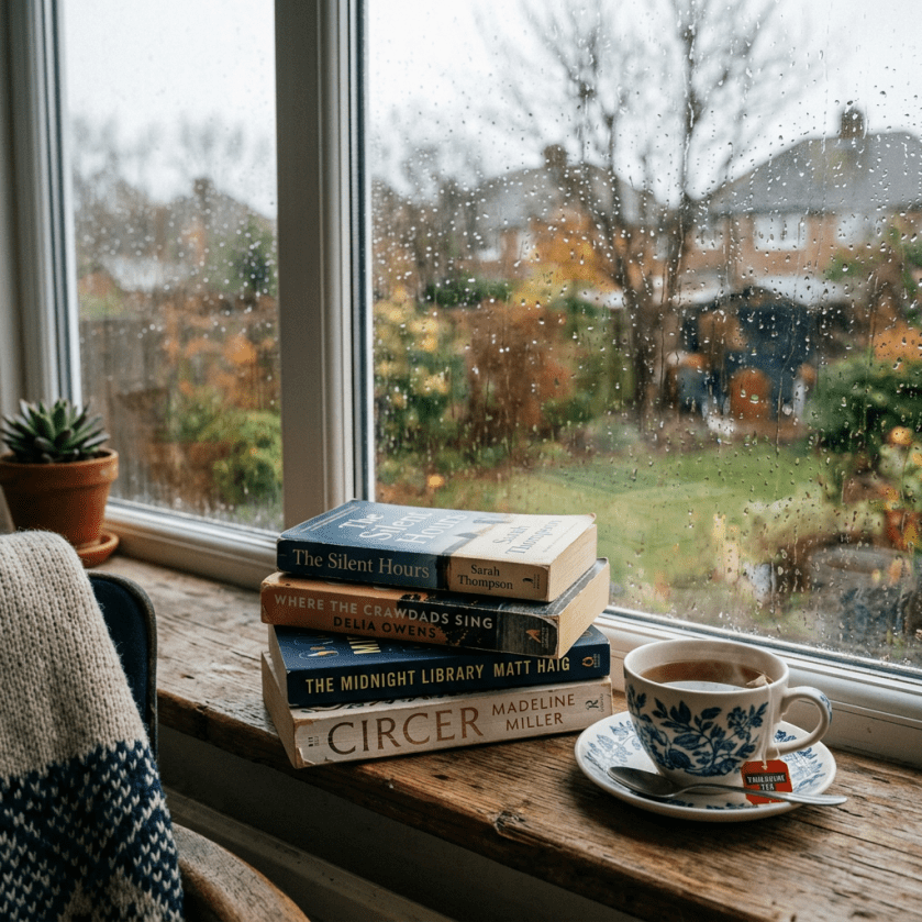 Stack of books and a cup of tea on a wooden windowsill with raindrops on the window