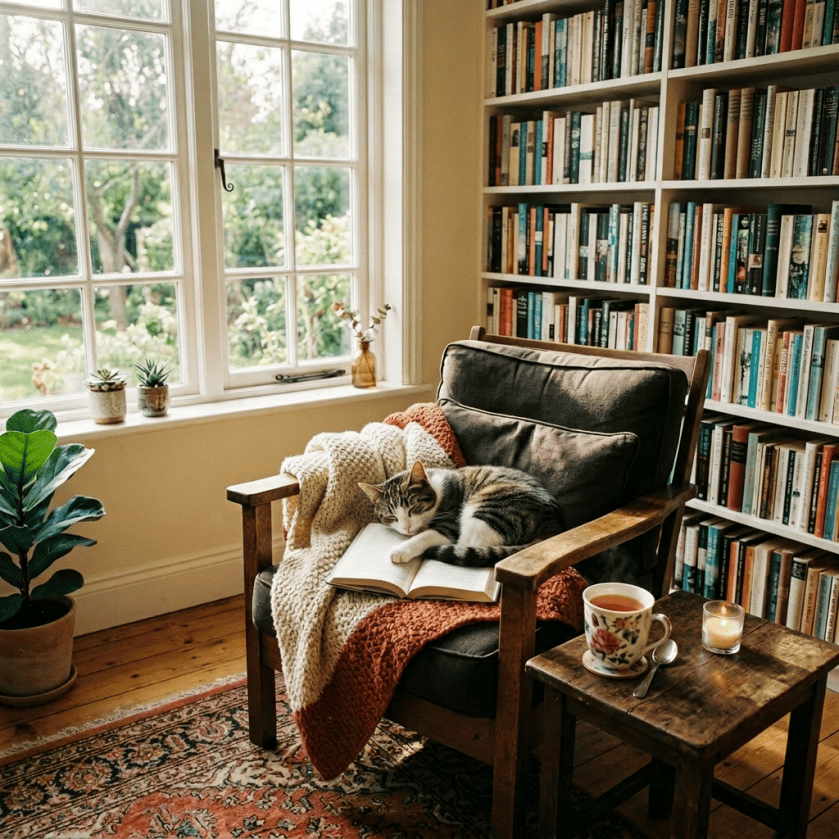 Wooden armchair with blanket and open book, next to table with tea cup and candle in a room with bookshelf and window