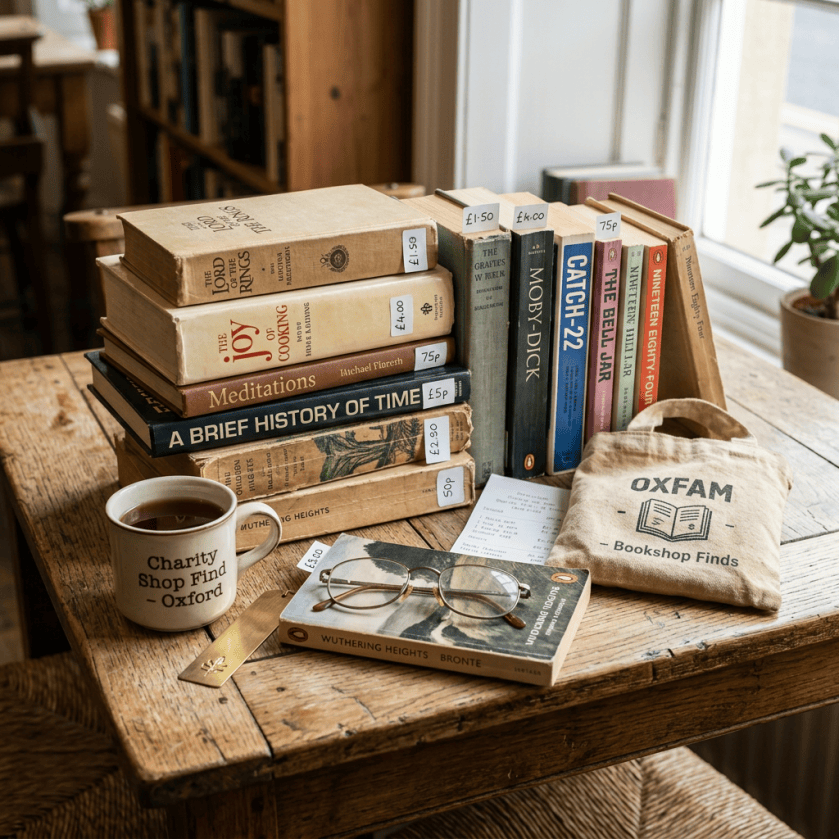 Stack of secondhand books with price tags, a cup of tea, reading glasses, and an Oxfam Bookshop bag on a wooden table