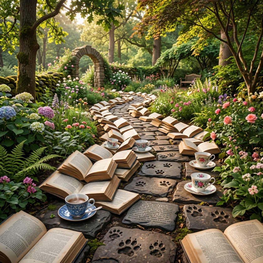 Garden path paved with stone tiles featuring paw prints, surrounded by open books and floral teacups among colorful flowers and green plants