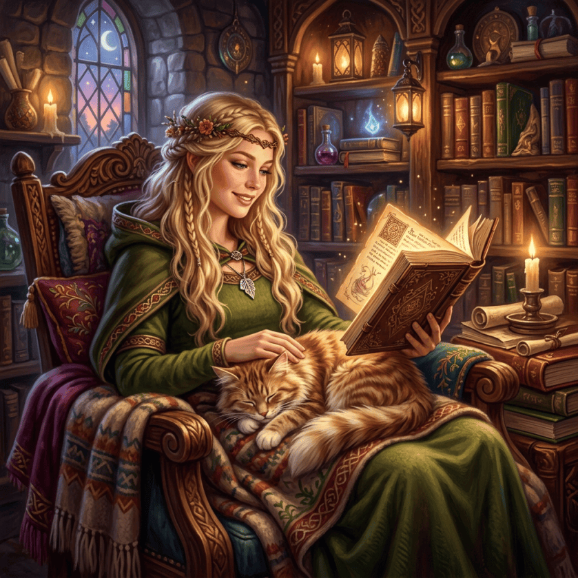 Woman in green dress reading an ornate book beside a sleeping cat