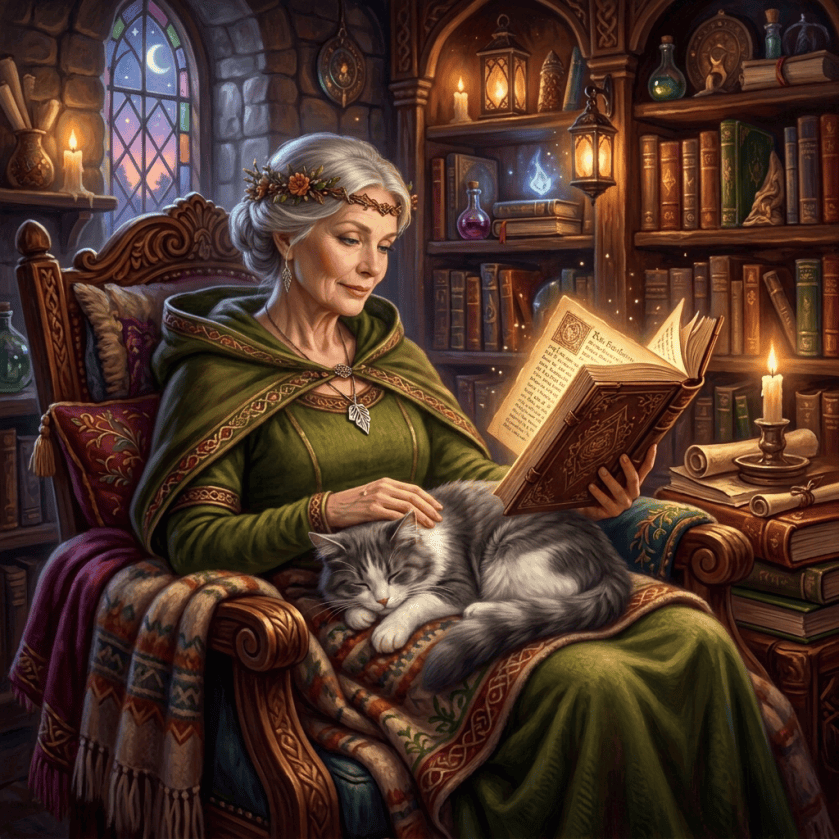 Attractive older woman cuddling grey and white cat
