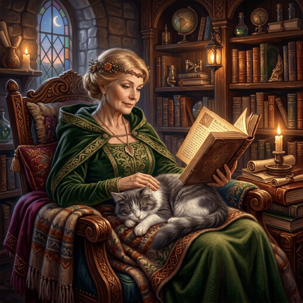 Woman in green dress reading an ornate book beside a sleeping cat