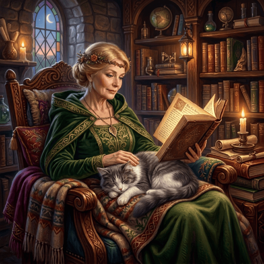 Woman in green dress reading an ornate book beside a sleeping cat